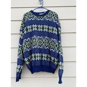 Vintage Puritan Men Crewneck Pullover Sweater Blue Green Holiday Size XL